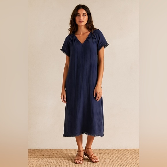Voloshin Dresses & Skirts - Voloshin Cotton Gauze Midi Dress XS Navy Boho Fringe Hem Lagenlook Beachy Chic